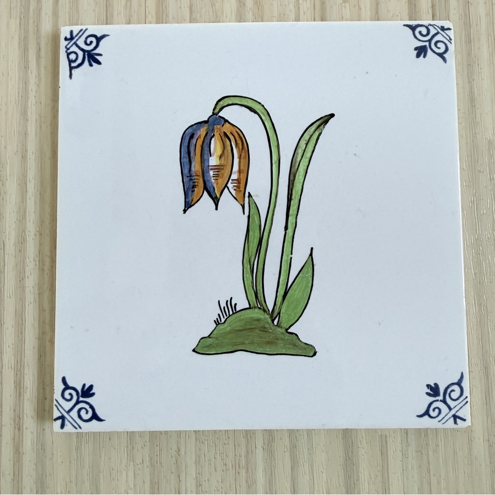 Antique Delft Ceramic Tile w Tulip